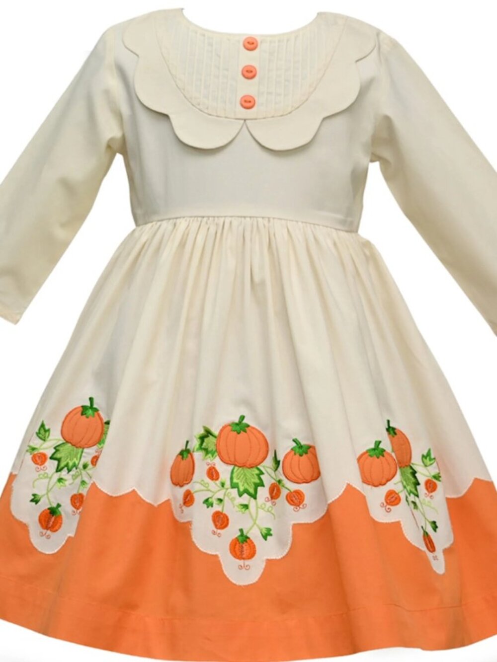 Cotton Kids Girls Long Sleeve Pumpkin Dress with Scalloped Collar Size 8